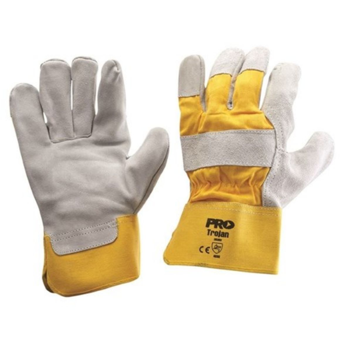 Picture of YELLOW COTTON BACK/COWSPLIT LEATHER PALM GLOVES - HEAVY DUTY - ONE SIZE FITS MOST. MOQ - 12.