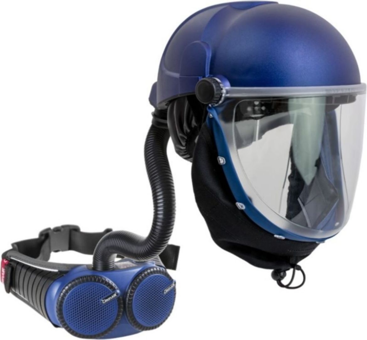 Picture of CLEANAIR HELMET WITH CLEAR FLIP-UP VISOR & PAPR UNIT - PRE-PACKAGED KIT  INCLUDES CLEANAIR HELMT, RPA530 AERGO UNIT, LI-ION BATTERY, RECHARGER, FLEX HOSE AND FITTINGS, COMFORT BELT, FLOW INDICATOR