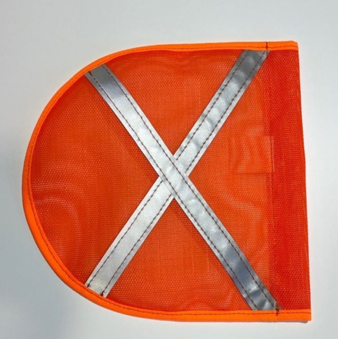 Picture of FLAG ORANGE MESH, SAFETY MINE FLAG.  300MM X 310MM DOUBLE SIDED CLOTH REFLECTIVE CROSS, BOUND IN RED
