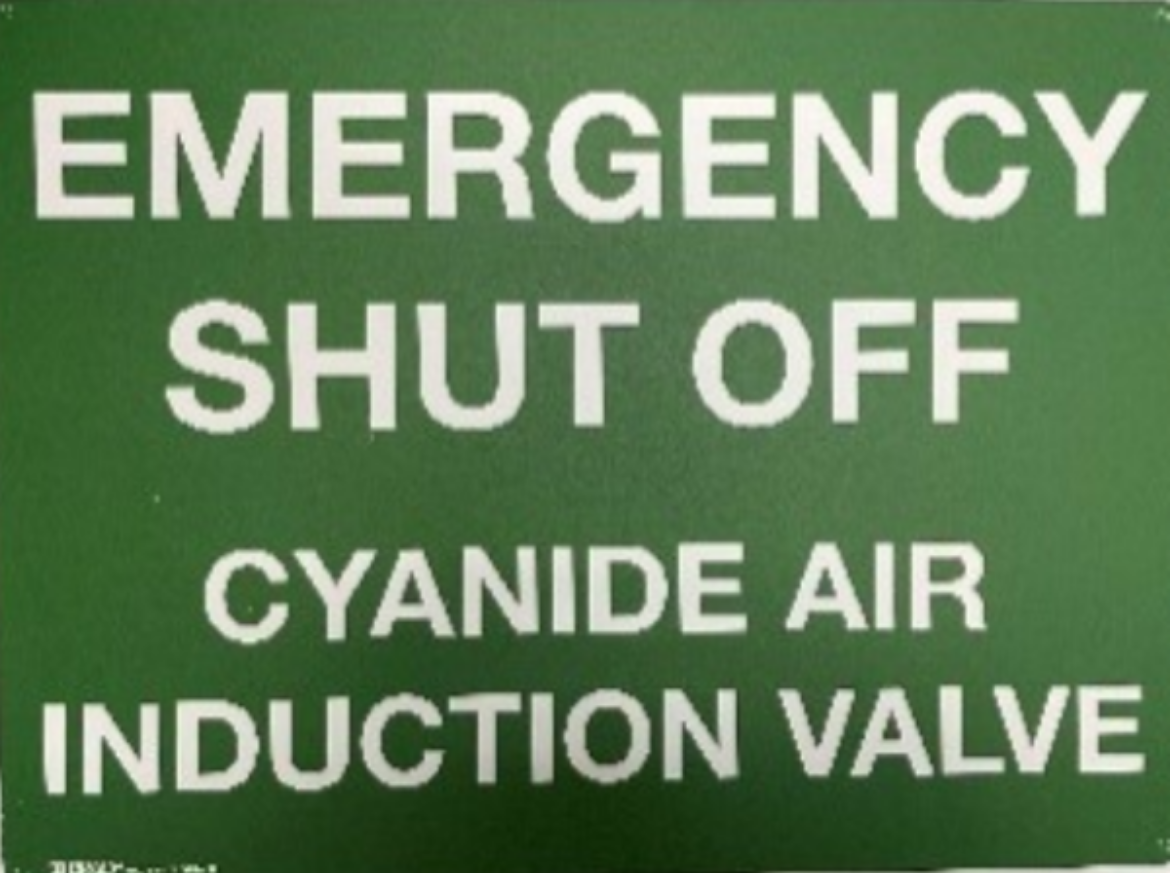 Picture of EMERGENCY SHUT OFF SIGN - CYANIDE AIR INDUCTION VALVE, POLY 600MM X 450MM