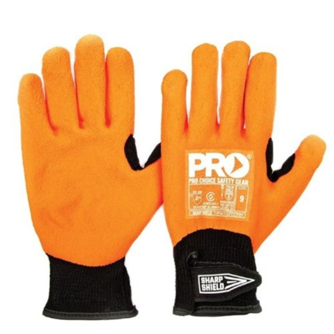 Picture of SHARP SHIELD ORANGE LATEX FULL DIP BLACK COTTON LINER NEEDLE & CUT RESISTANT PALM. AVAILABLE IN SIZES 7/8/9/10/11/12