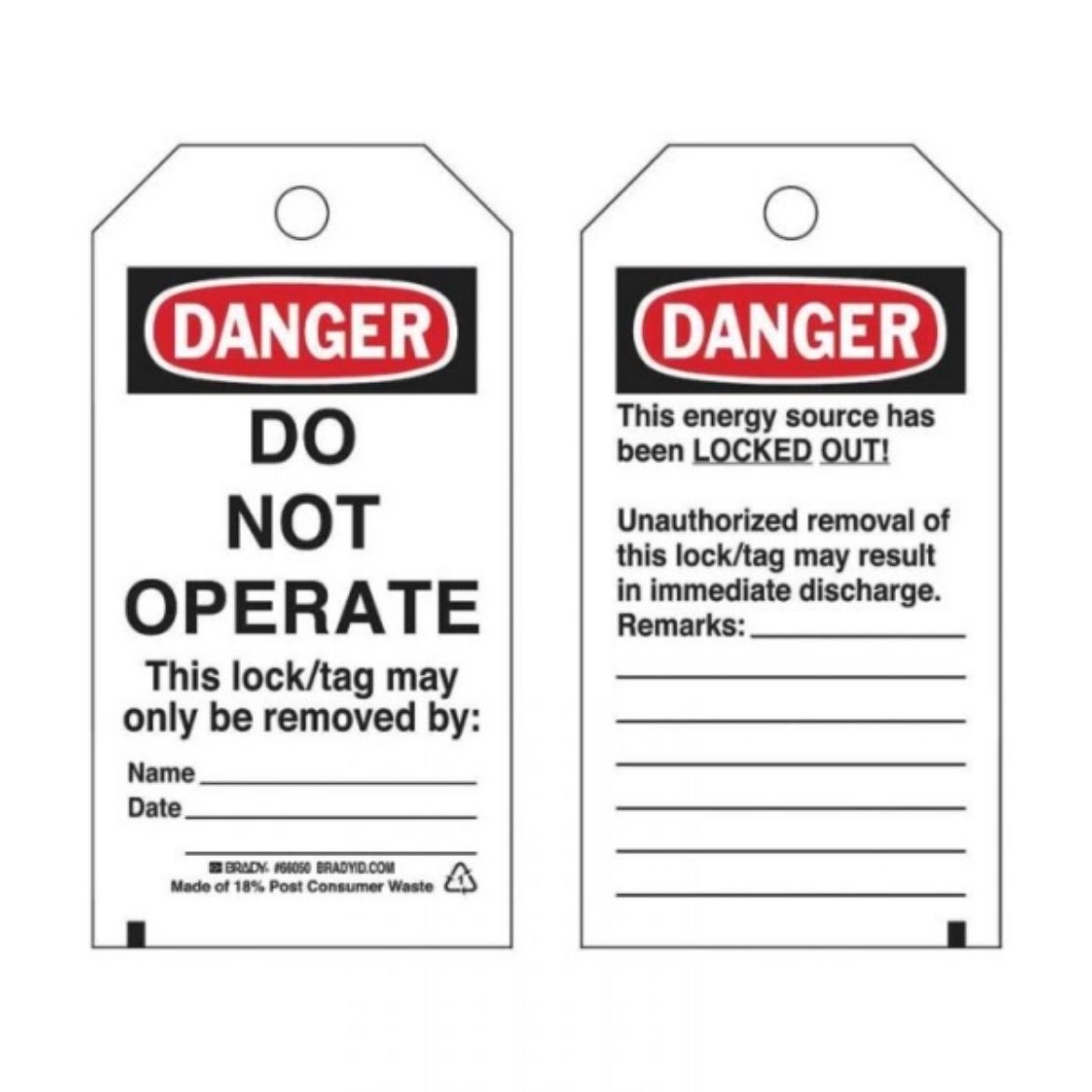 Picture of DANGER DO NOT OPERATE LOCKOUT TAGS - REVERSE SIDE UNAUTHORIZED REMOVAL, HEAVY DUTY POLYESTER