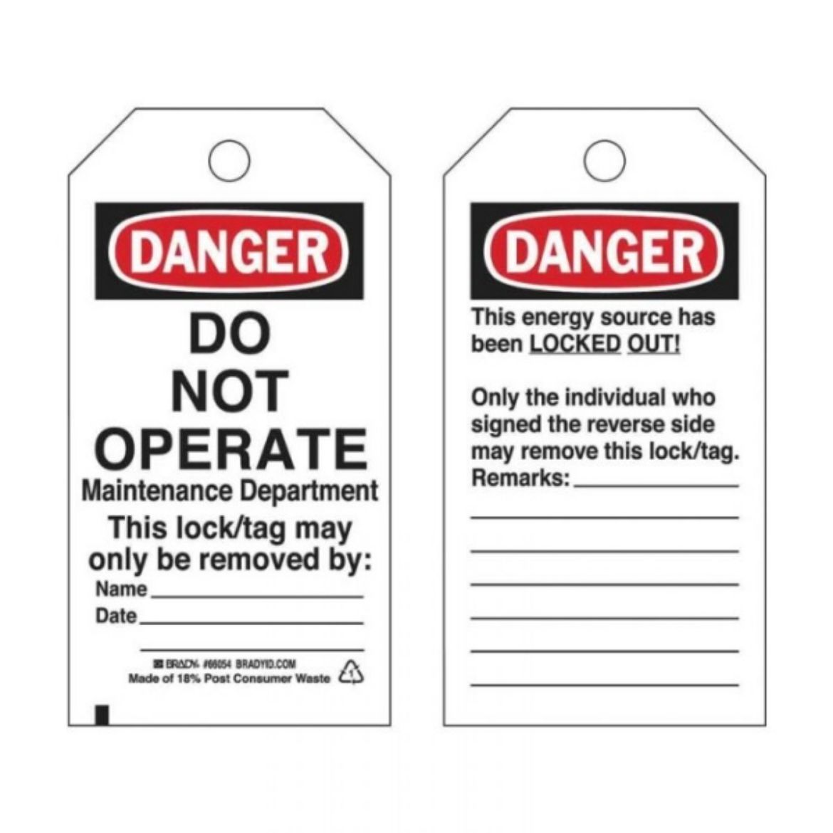 Picture of DANGER DO NOT OPERATE LOCKOUT TAGS - REVERSE SIDE ONLY THE INDIVIDUAL WHO, HEAVY DUTY POLYESTER
