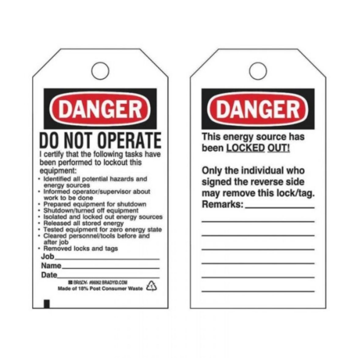 Picture of DANGER DO NOT OPERATE LOCKOUT TAGS - REVERSE SIDE ONLY THE INDIVIDUAL WHO, POLYESTER
