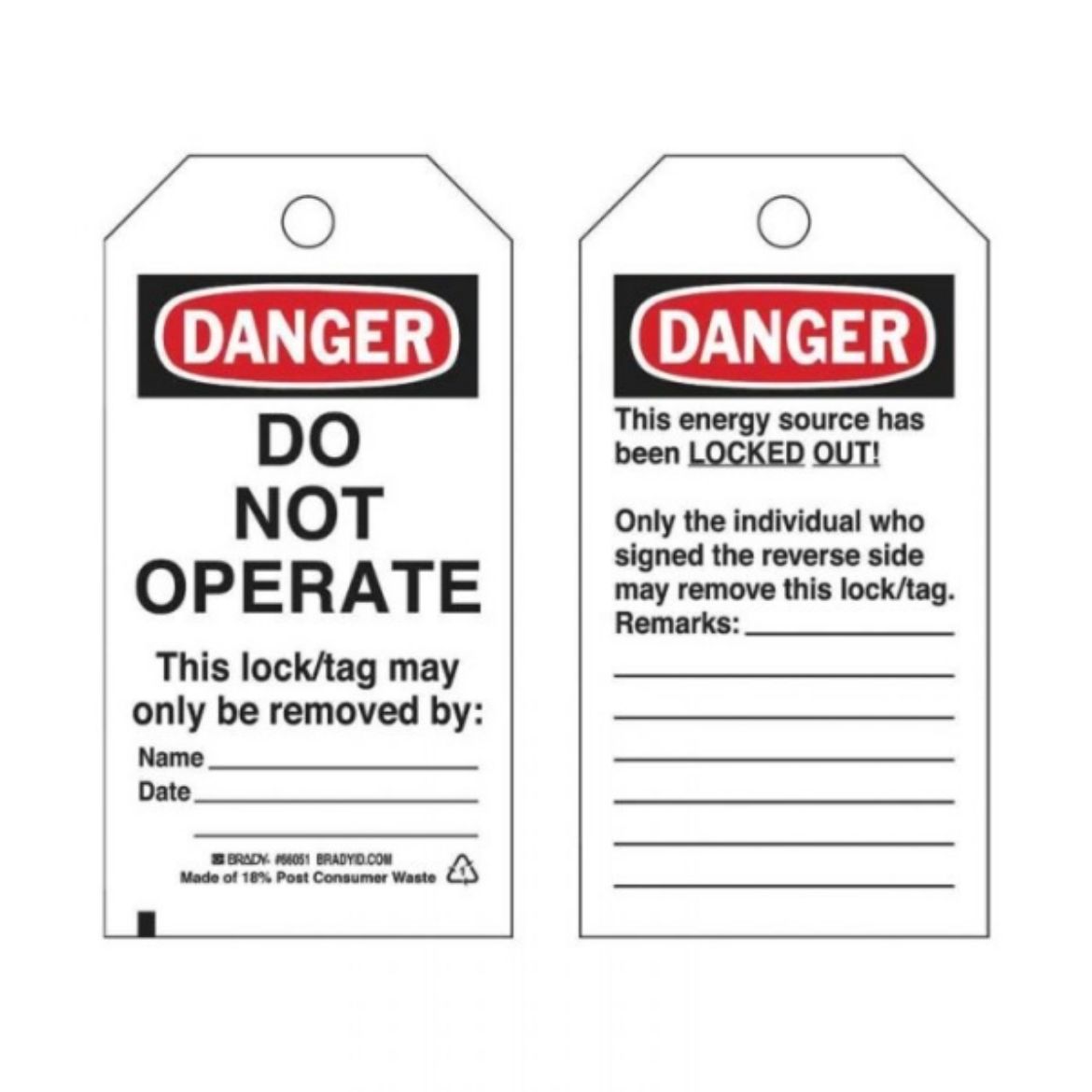 Picture of DANGER DO NOT OPERATE LOCKOUT TAGS - REVERSE SIDE ONLY THE INDIVIDUAL WHO, CARDSTOCK