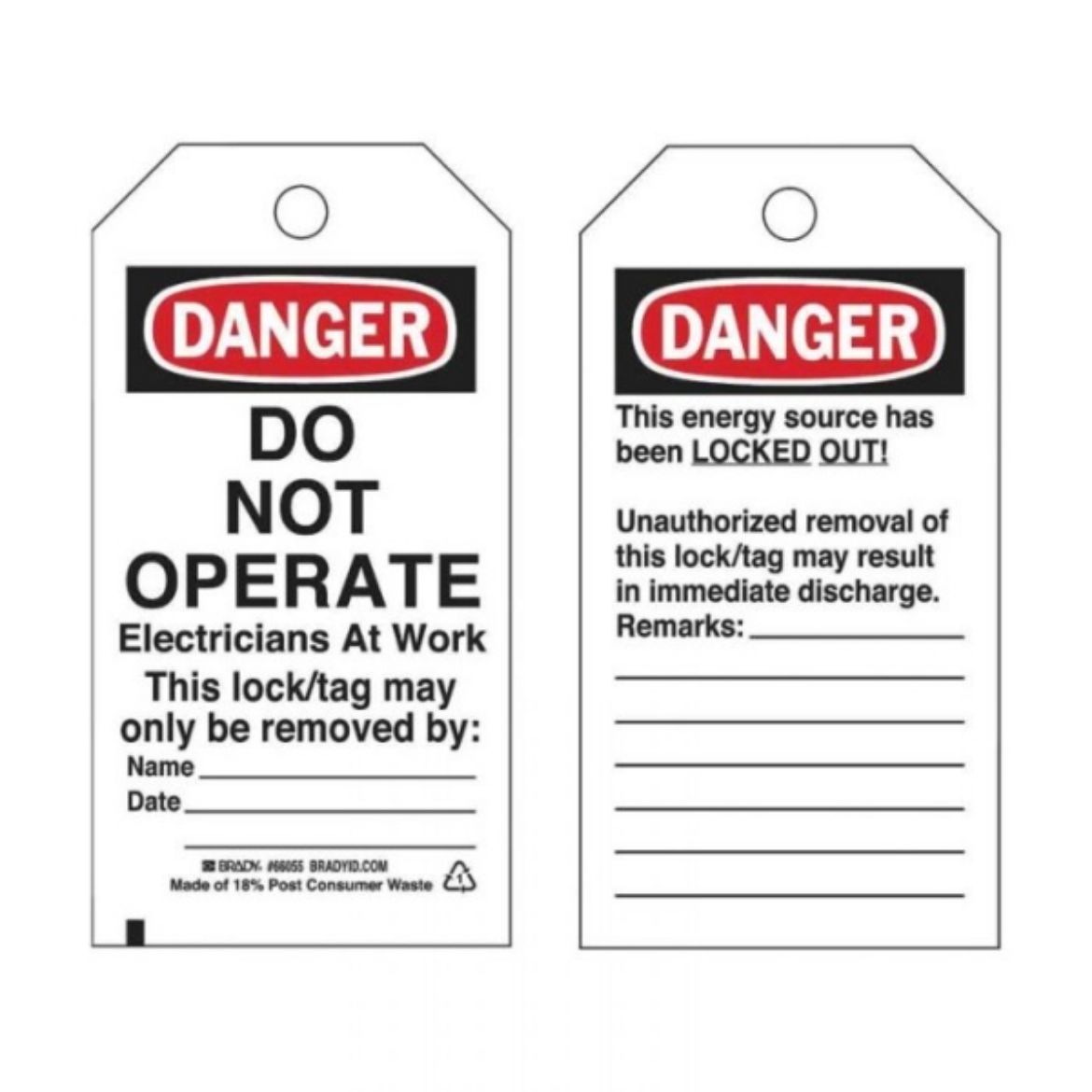 Picture of DANGER DO NOT OPERATE LOCKOUT TAGS - REVERSE SIDE UNAUTHORIZED REMOVAL, POLYESTER