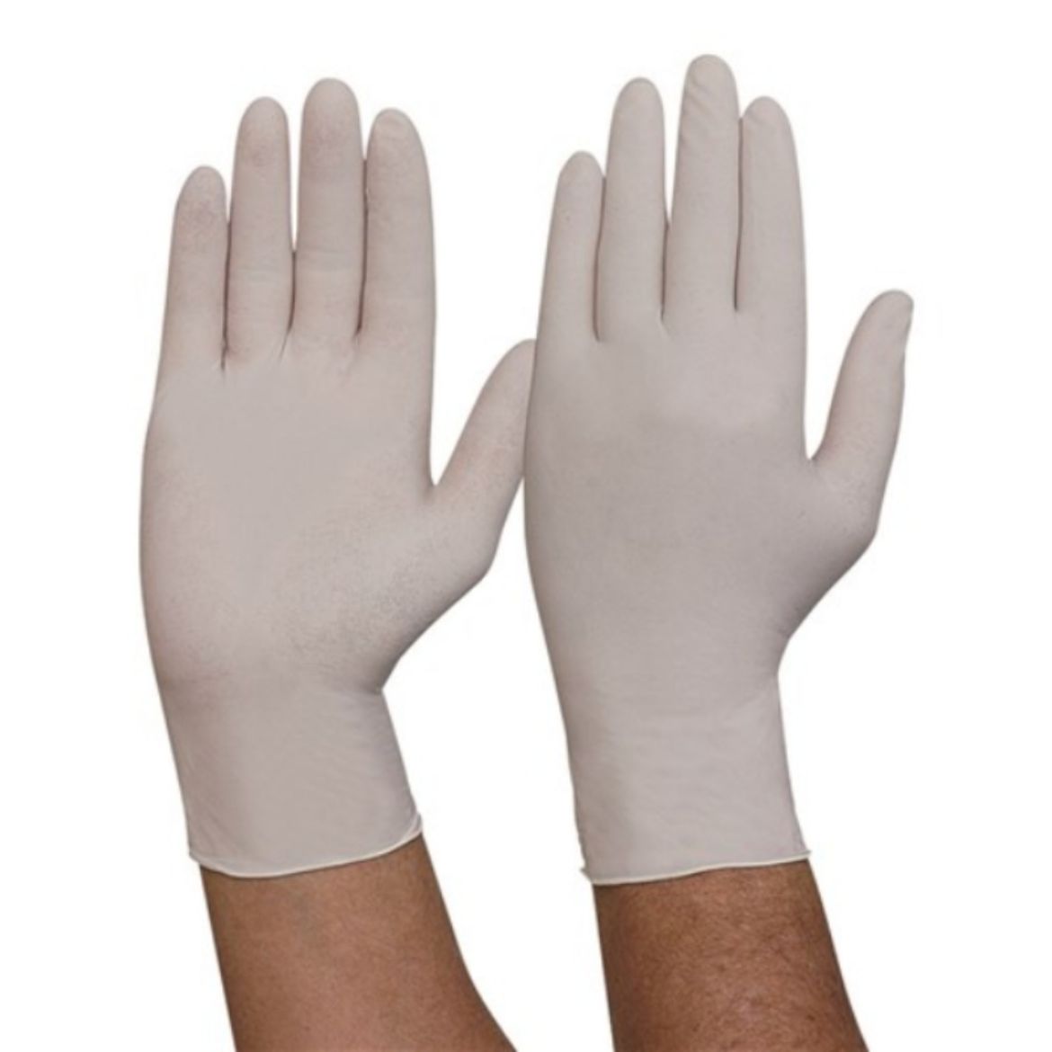 Picture of WHITE POWDERED DISPOSABLE LATEX GLOVES. AVAILABLE IN SIZES S/M/L/XL