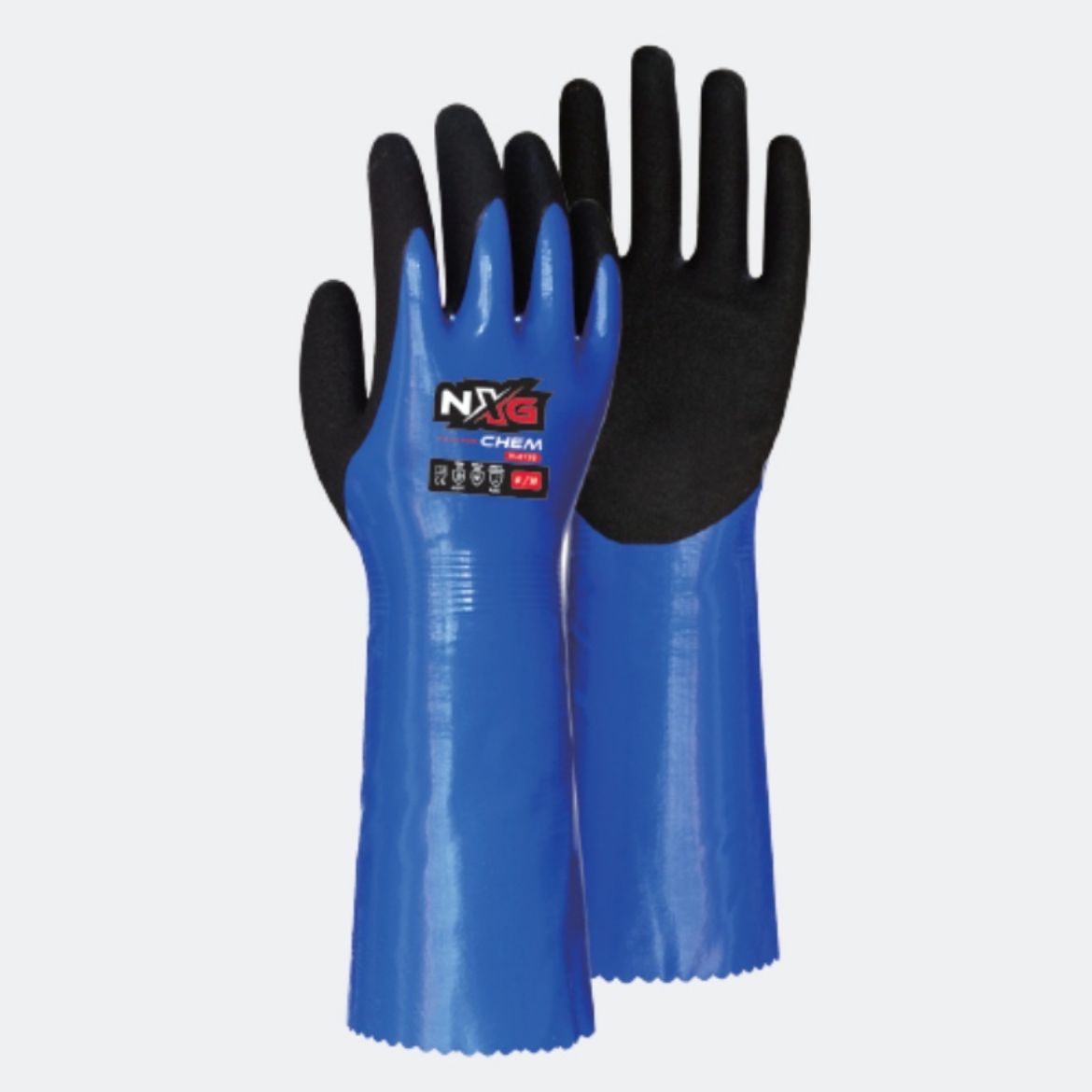 Picture of GLOVES, NXG CHEM, BLUE NITRILE.  AVAILABLE IN SIZES 8 - 11