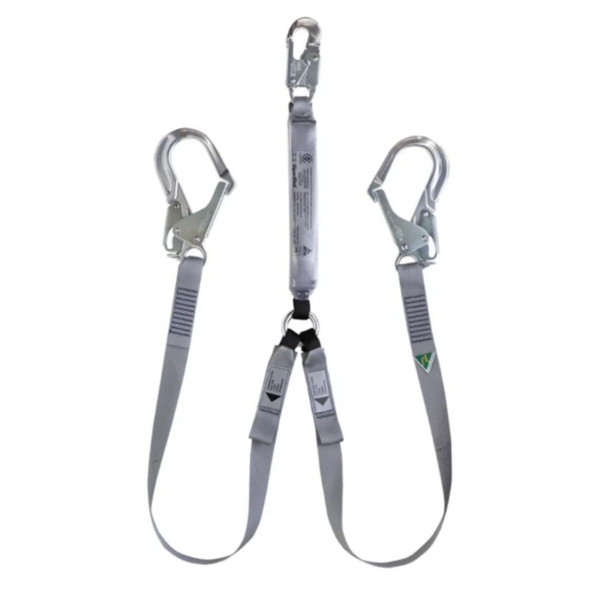 Picture of 140KG ADJUSTABLE ENERY ABSORBING TWIN WEBBING LANYARD 1.8M WITH ALUMINIUM H1 HOOK AND ALUMINIUM H3 SCAFFOLD HOOKS (60MM GATE OPENING THE OTHER END)