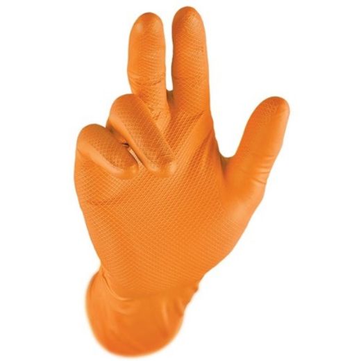 Picture of GRIPPAZ NON-SLIP ORANGE DISPOSABLE NITRILE GLOVES. AVAILABLE IN SIZES S/M/L/XL/2XL